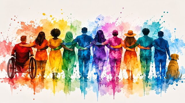 Inclusive group of diverse people including a person in a wheelchair walking together with watercolor rainbow splashes