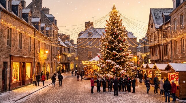 People Singing Christmas Carols Near A Decorated Tree In A Snowy Old T