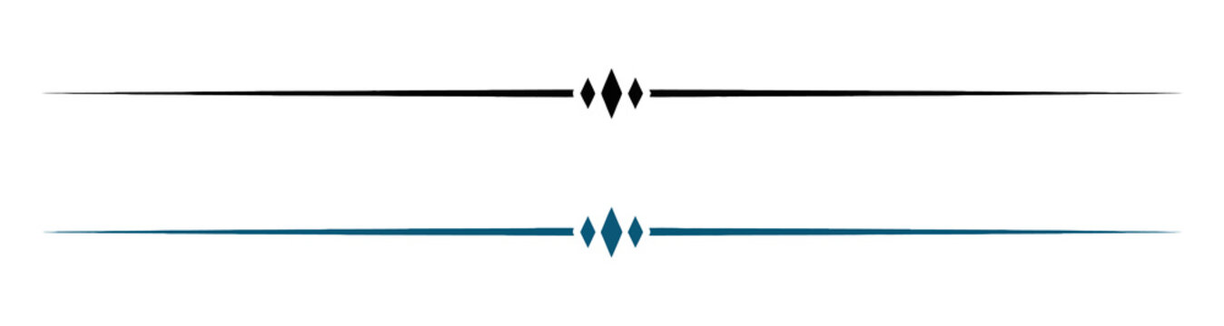 Divider line set illustration in black and blue with central diamond shapes, Transparent PNG element, for page borders and decorative