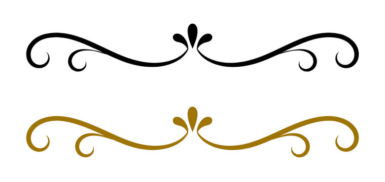 Divider scroll illustration in black and gold with ornate flourishes, arranged in a centered symmetrical layout, Transparent PNG element, for decorative page