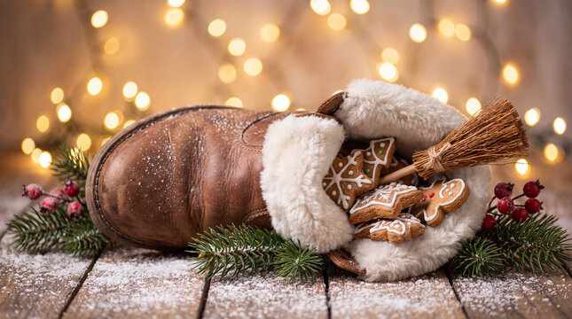 Festive gingerbread cookies tucked inside a rustic fur-lined winter boot with Christmas tree branches and glowing fairy lights on a snowy wooden background.