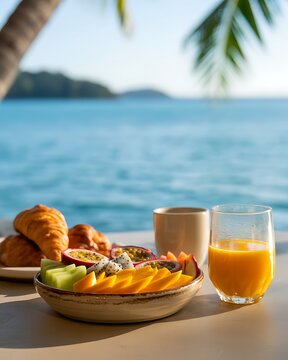 A refreshing tropical breakfast with fresh sliced fruits and croissants served on a table overlooking the calm blue ocean