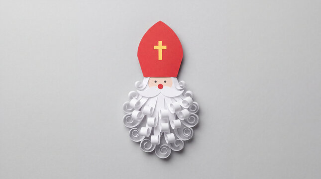 A creative paper craft art piece representing Saint Nicholas with a curly white beard and a red mitre hat, isolated on a light gray background for the holiday.