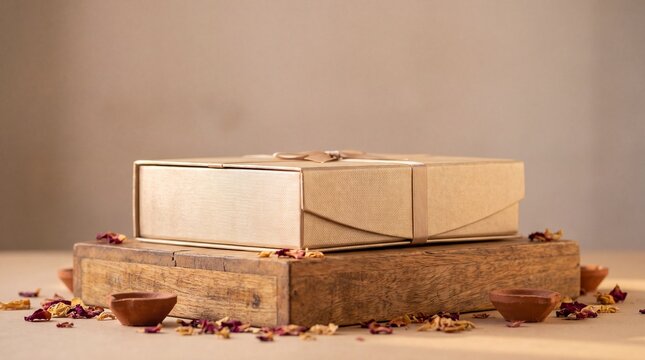 festive gifting ideas, an elegant box of indian sweets rests on an oak podium, ideal for gifting