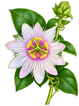 A highly detailed botanical illustration of a blooming passion flower (Passiflora), featuring delicate white and pale pink petals, intricate purple filaments, and prominent yellow stamens. The flower 
