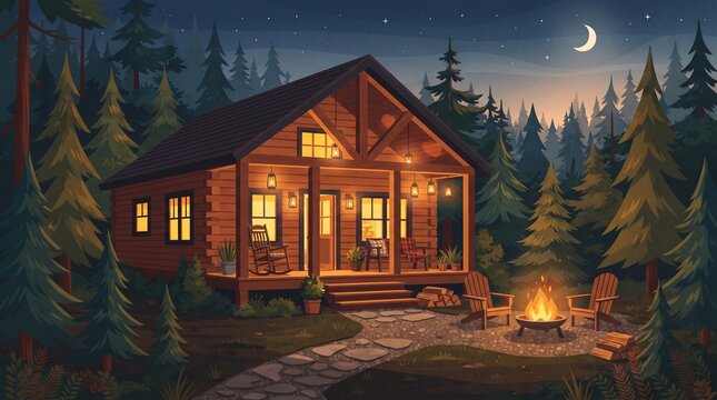Inviting wooden cabin with a spacious porch, glowing fire pit and lanterns surrounded by evergreen trees, creating a cozy rustic vacation retreat.
