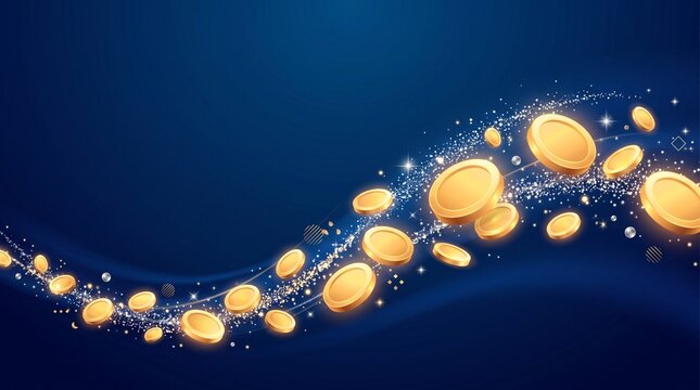 Floating golden coins with sparkling magic dust trail wave on a dark blue background, Dhanteras festival wealth and prosperity financial concept banner.