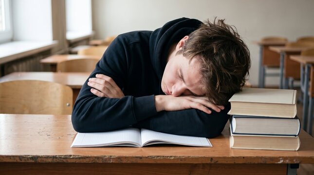 Male tired student sleeping over an open book at classroom desk