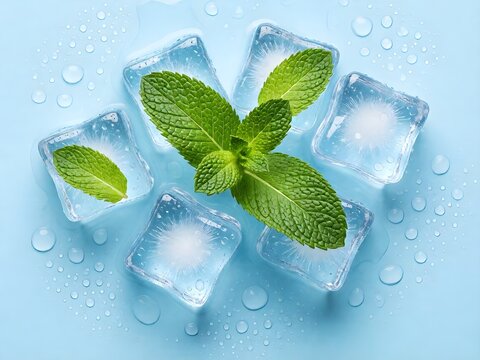 Top view photo of mint leaves ice cubes and water drops on isolated pastel blue background
