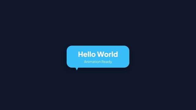 Blue speech bubble with 'Hello World' text appearing on dark background, seamless loop, symbolizing communication, technology, and coding.
