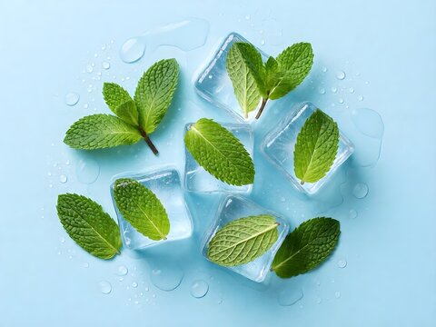Top view photo of mint leaves ice cubes and water drops on isolated pastel blue background
