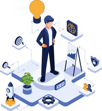 Isometric Entrepreneur Mindset Concept with Ceo Character