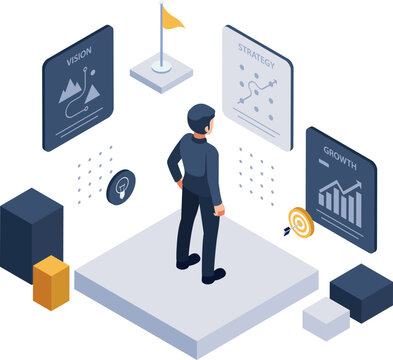 Isometric Solo Entrepreneur with Vision Strategy Growth