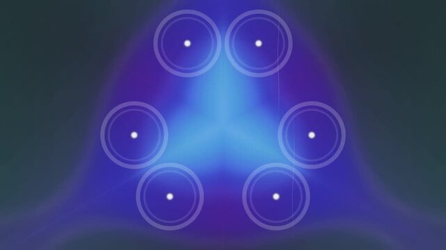 Symmetrical blue background design featuring a hexagonal arrangement of glowing circular rings with a soft gradient and ethereal light dispersion effects
