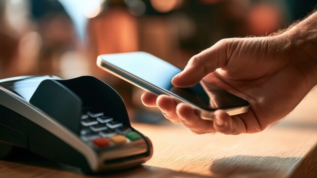 Close-up of hand holding smartphone making contactless payment at electronic card reader on wooden countertop in store