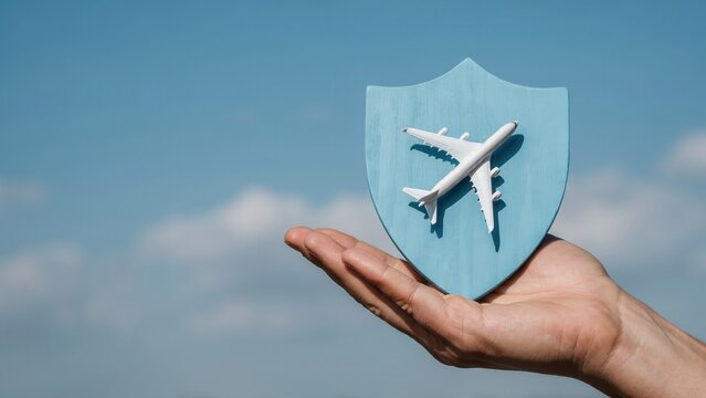 A hand holding a model airplane with a shield against a blue sky. Ideal for travel insurance and flight safety concepts.