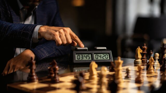 Man playing chess and setting a timer in a cozy indoor setting  