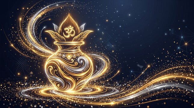 Glowing golden Kalash pot with Om symbol and sparkling light trails on a dark blue background, Dhanteras festival celebration and prosperity vector concept banner.