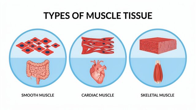 Medical diagram illustrating the three types of muscle tissue including smooth, cardiac, and skeletal muscle isolated on white background. Perfect for biology education and.