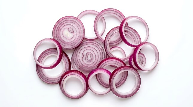 Fresh sliced red onion rings isolated on white background.
