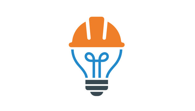 Business infographic icon of an orange safety construction helmet on a blue light bulb representing smart ideas.