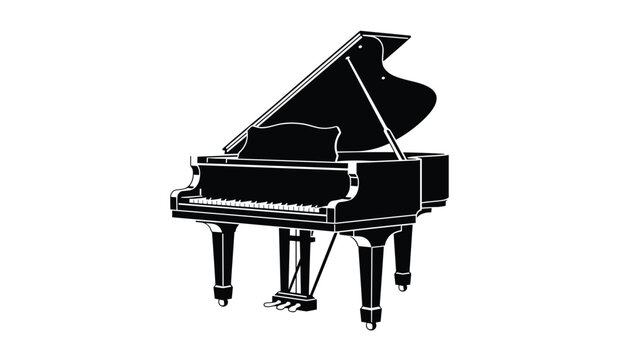 Solid black silhouette of an open grand piano with white key lines isolated on a white background.