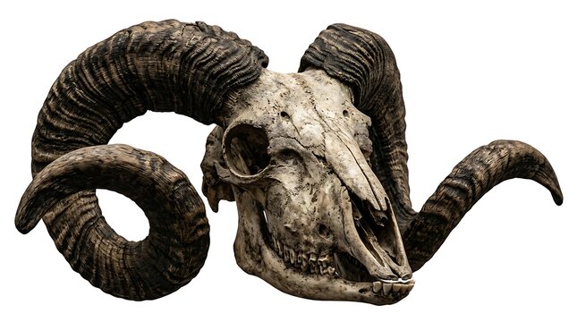 Isolated ram skull with large curved horns.