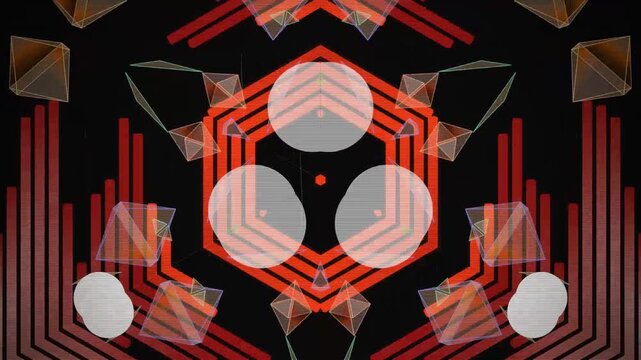 Abstract Geometric Kaleidoscope Background Featuring Symmetrical Red Lines and Floating Transparent Orbs in a Modern Digital Artistic Composition