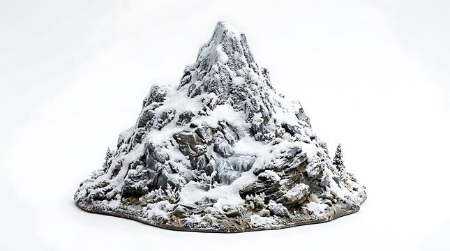 Miniature snow covered mountain terrain model for tabletop wargaming.