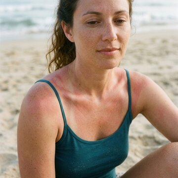 Sunburn On A Woman's Shoulders And Neck Sitting On Sandy Beach