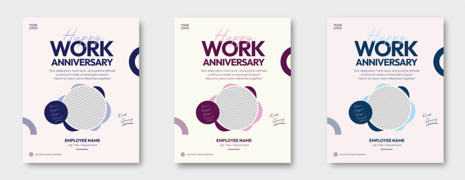 Happy Work Anniversary employee recognition poster template with elegant typography, pastel colors, employee name area and motivational message, 