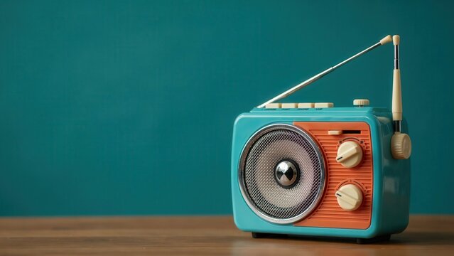 A vintage turquoise and orange portable radio sits on a wooden table against a dark teal wall. Ideal for retro music and lifestyle design concepts.