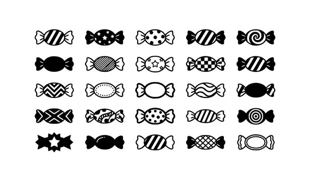 Collection of Black Wrapped Candy Icons Classic Sweet Wrapper Monochrome Vector Illustration