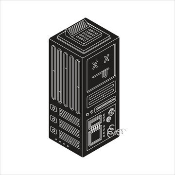 Isometric illustration of a funny server tower with hardware unit