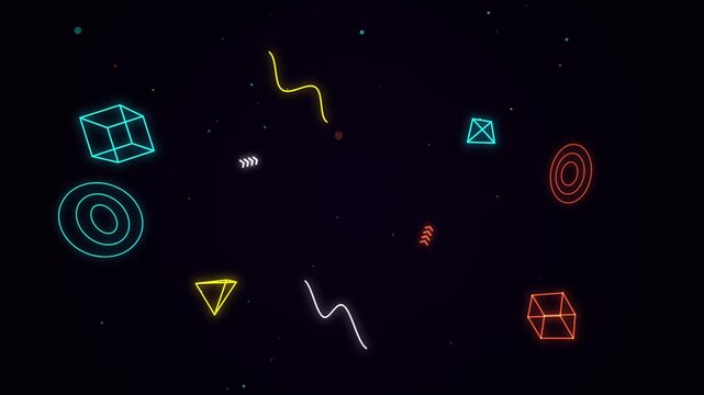 Abstract glowing neon geometric shapes cubes pyramids and floating elements motion graphics seamless loop animated background