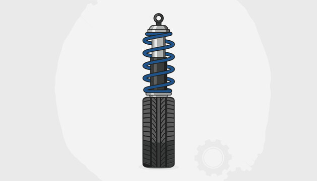 Shock absorber vehicle suspension strut standing on top of a black car tire in a colorful vector illustration.