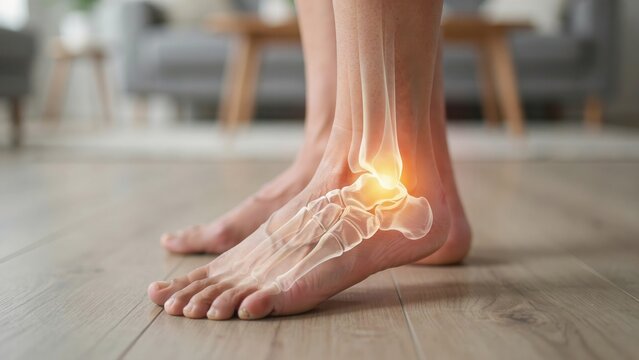 Ankle pain concept showing highlighted joint and foot skeleton inside human legs. Ideal for medical illustrations and healthcare advertisements.