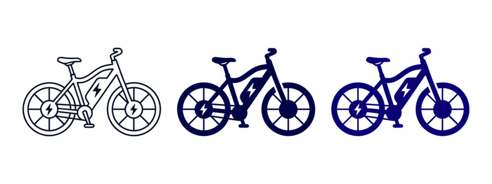 Electric bicycle and e-bike transport vector icon set featuring outline, solid black, and blue colored eco mobility symbols
