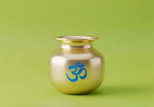 Golden Kalash pot with Om symbol during religious ceremony isolated on transparent background
