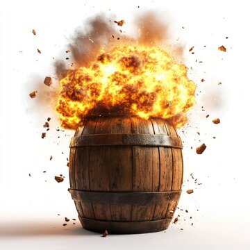 A wooden barrel is shown with an explosion occurring above it, emitting a large burst of flames and smoke