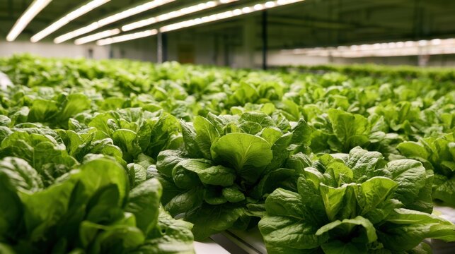 Indoor hydroponic farm with rows of healthy green leafy vegetable plants growing under artificial lighting in controlled environment