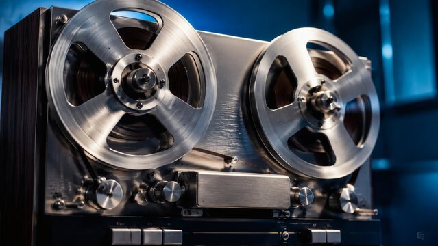 Vintage reel-to-reel tape recorder with metallic reels in studio setting  