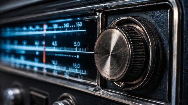 Close-up of vintage radio dial and tuning display  
