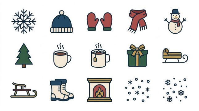 Set of cute winter and christmas themed stickers featuring holiday icons like a snowman tree gifts and warm clothing
