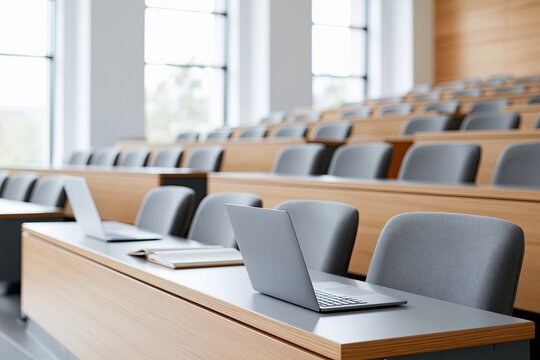 Laptops on wooden desks in empty university lecture hall classroom