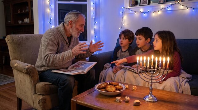 Grandfather Shares Hanukkah Stories with Children Beside a Lit Menorah