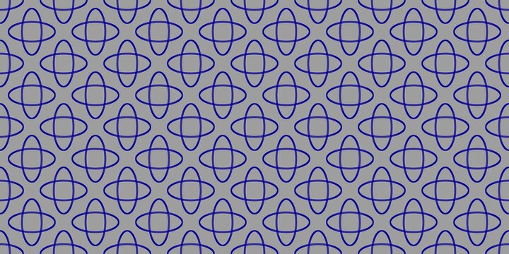 Seamless geometric pattern. Thin blue intertwined oval lines creating a repeatable grid on a solid light grey background. Minimalist and modern graphic design asset.