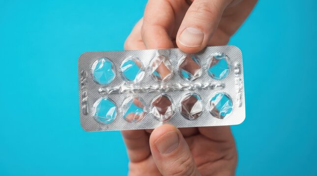 Hands holding an empty silver blister pack of pills against a blue background