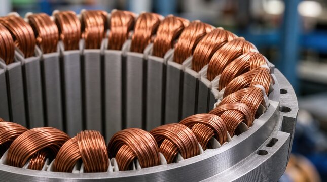 Close-up of copper wire coils wrapped around a stator core, showcasing detailed electrical motor components in an industrial setting.