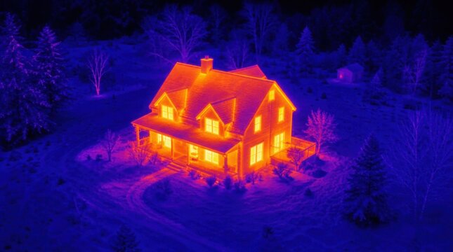 Thermal image showing a heated house surrounded by cold trees and landscape at night.